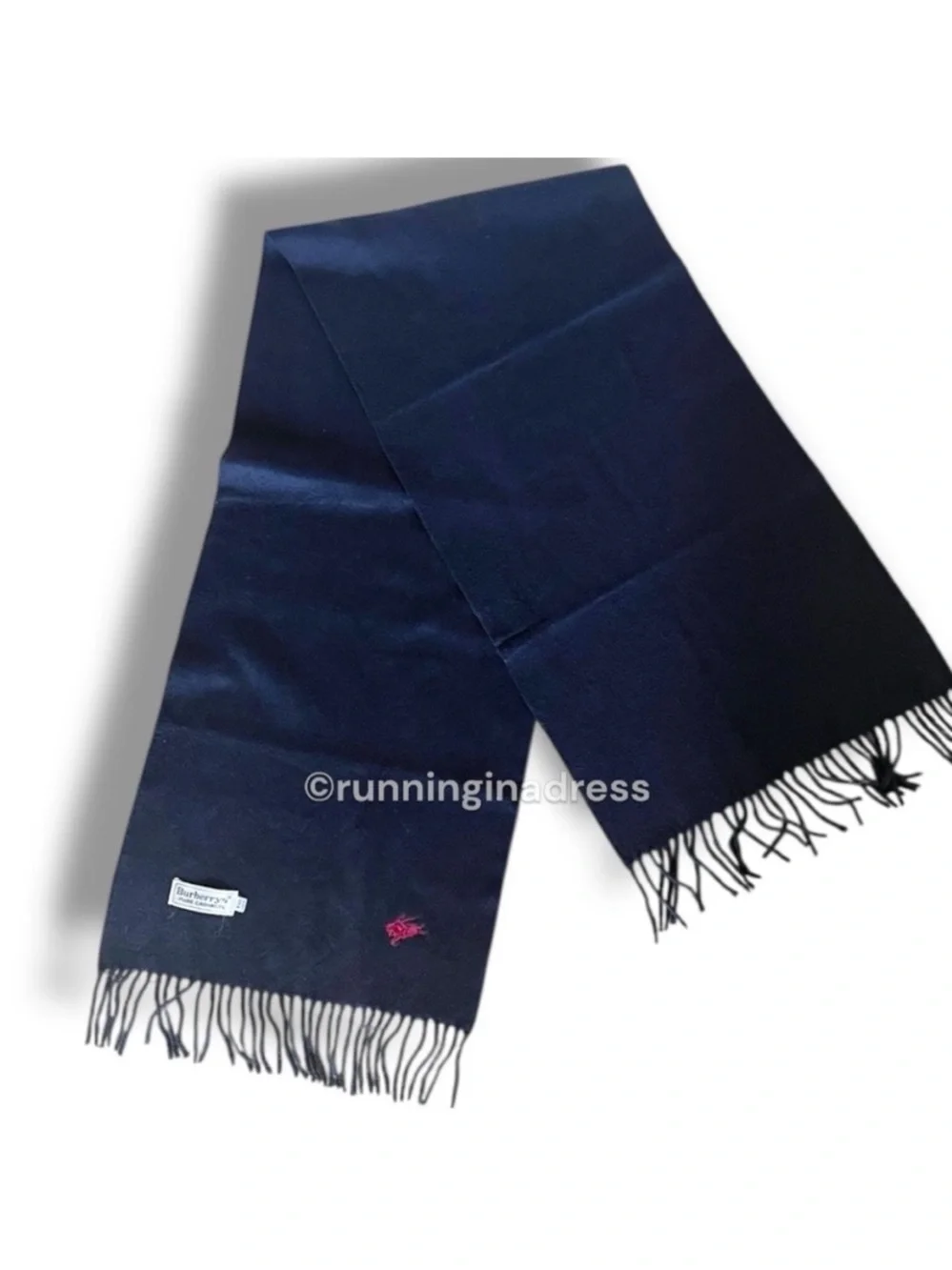Vintage Burberrys Cashmere Scarf Navy Blue Red Equestrian Knight Logo Pre-1999